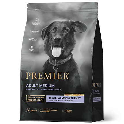 Premier Dog Salmon&Turkey ADULT Medium  (Свежее филе лосося с индейкой для собак Средних пород  ) 1  кг