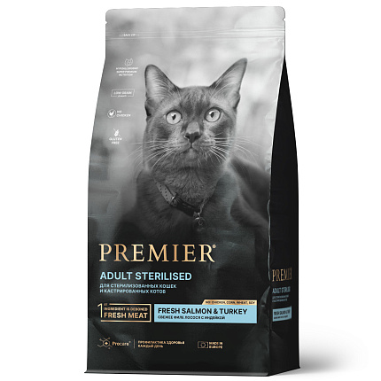 Premier Cat Salmon&Turkey STERILISED  (Свежее филе лосося с индейкой для кошек ) 400 г