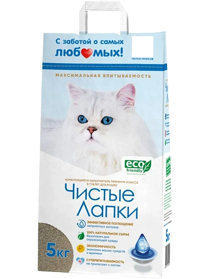 Чистые лапки» на основе бентонитовой глины Комкующийся наполнитель для кошек